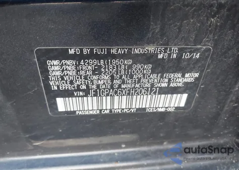 2015 Subaru Impreza 2.0I Premium from USA, damaged, VIN JF1GPAC6XFH206121